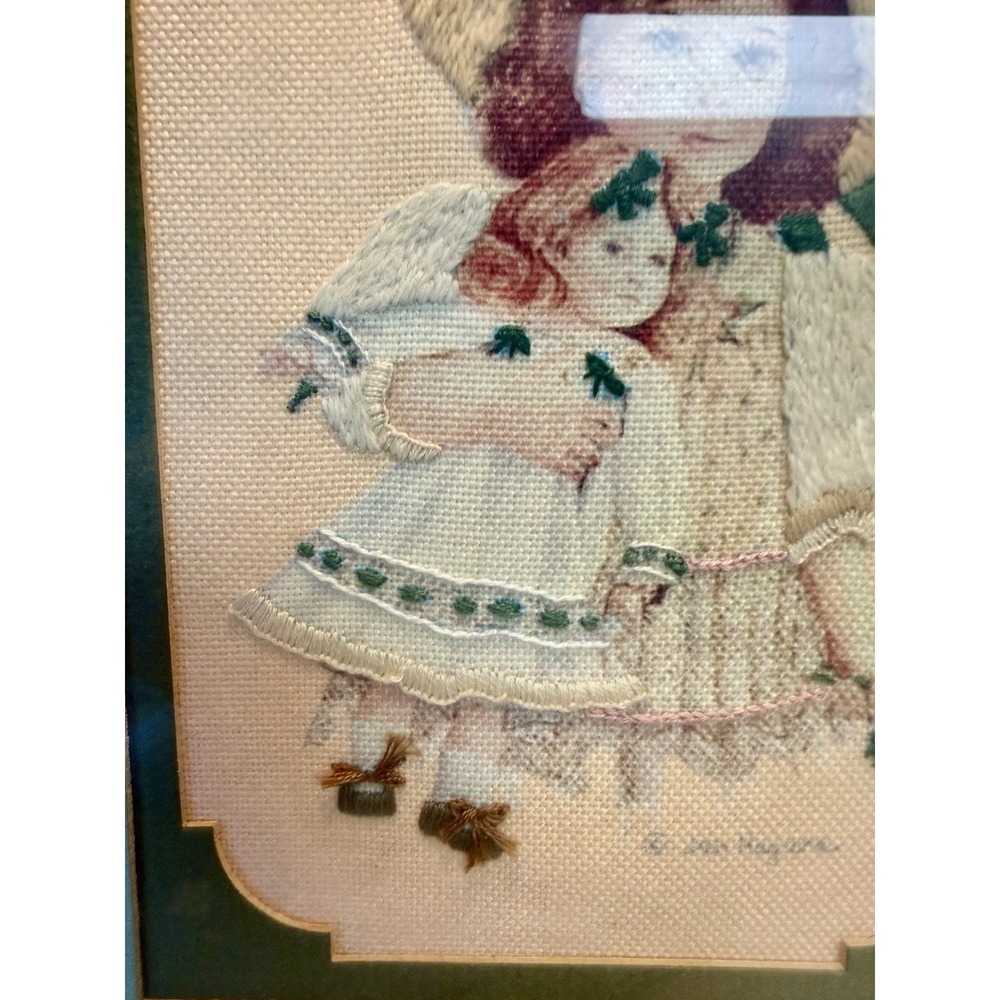 VTG Jane Hagara Framed Emily W/ Doll Embroidered Wall Art Hanging Fiber 7x9